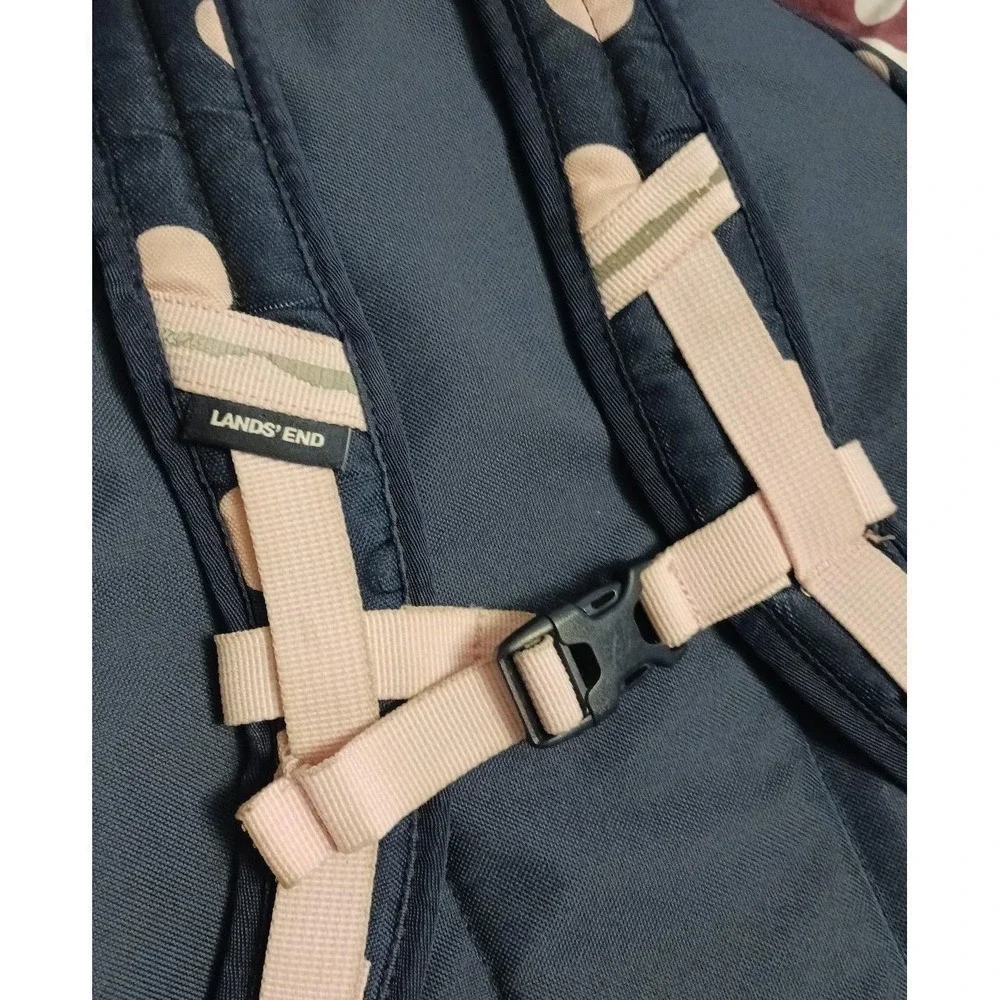 Lands' End Navy Blue & Pink Polka Dot Full Size Backpack